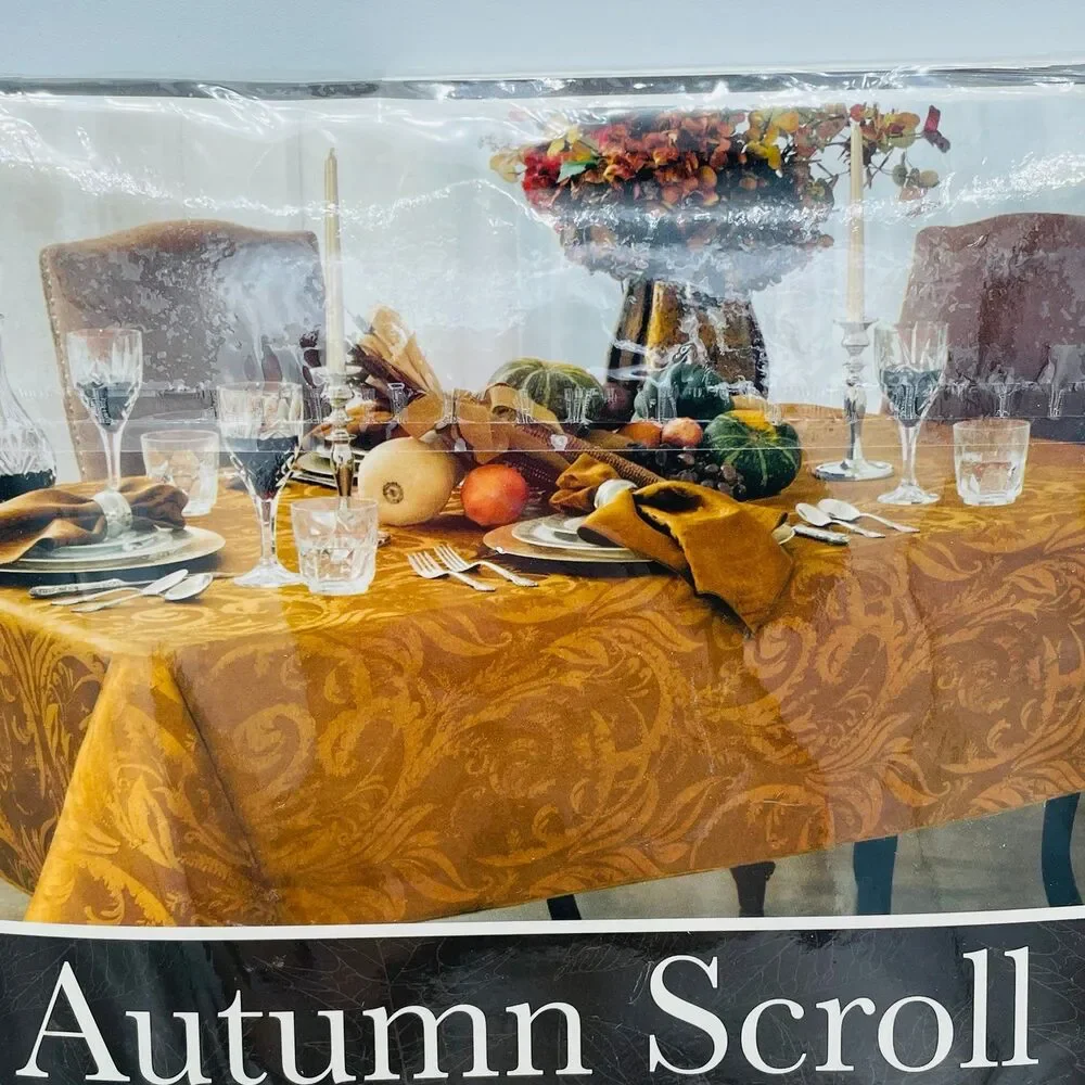 Fall Style Autumn Scroll Fern Green Damask Oblong Oval Tablecloth NEW 60” x84”